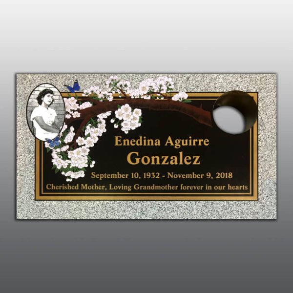 Custom Bronzstone Memorial - Cherry Blossoms and Butterflies with B&W GA Portrait